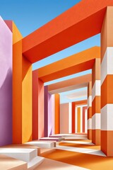Obraz premium Abstract architectural corridor with colorful orange and pastel columns and strong geometric perspective