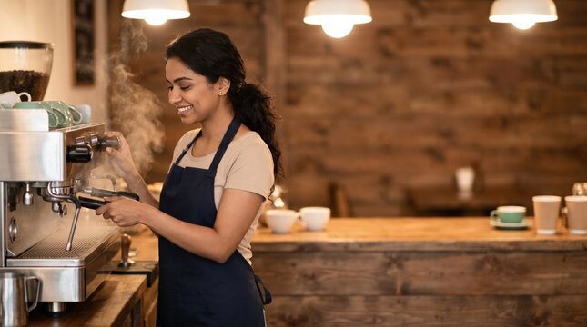 Smiling young South Asian female barista making espresso in a rustic artisan coffee shop.