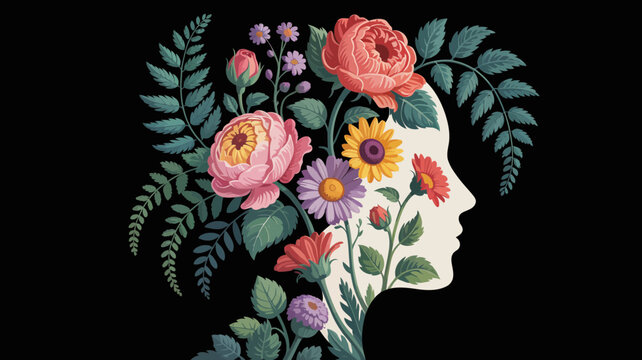 Floral woman head profile vector illustration on black background flowers leaves