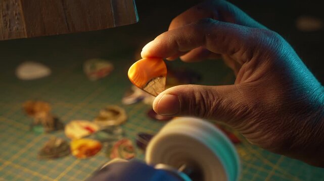 Craftsman using a buffing wheel machine to polish a handmade plectrum in a luthier workshop, fa01