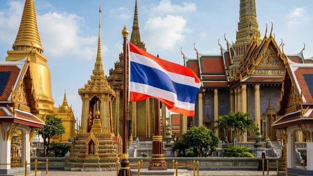 Thailand Flag Waving over Historic Palace Architecture Travel Scene