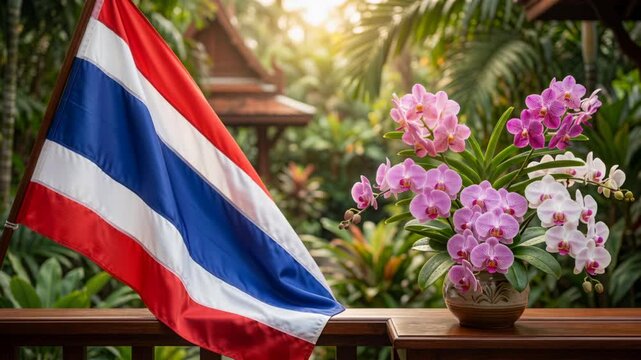 Thailand National Flag Waving over Tropical Beach Travel Footage