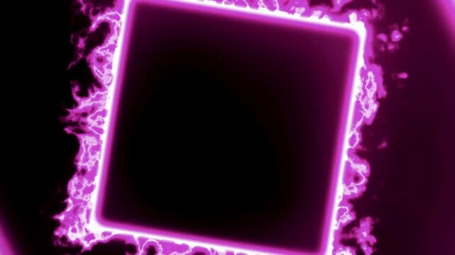 Purple fiery square glowing with energy and smoke moving in a dark tunnel on a seamless loop.