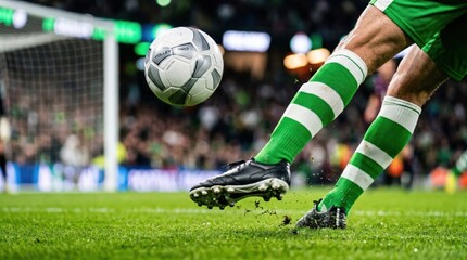 Obraz premium Close up of athlete in green striped kit kicking soccer ball on grass field at stadium