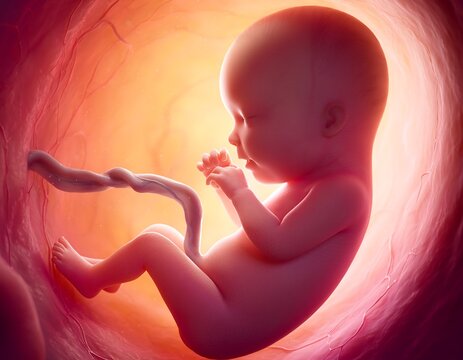 Realistic depiction of a human fetus inside the womb, showing development.