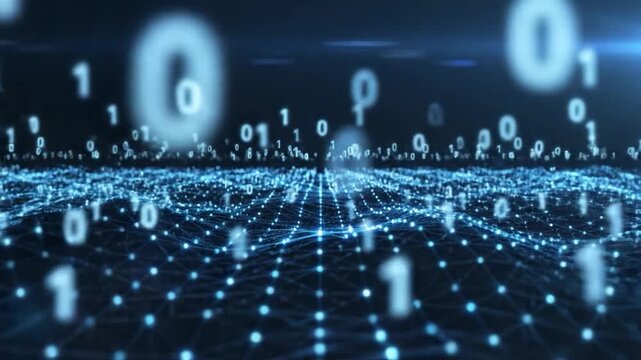 Digital network with binary code background.