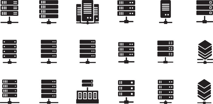 Collection of computer server icons in black and white