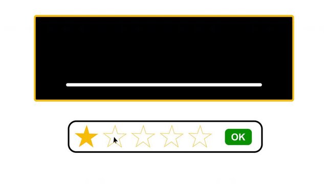 Clean modern motion graphic featuring an interactive five star rating panel with mouse cursor selection, green OK button, and black comment box on a light background