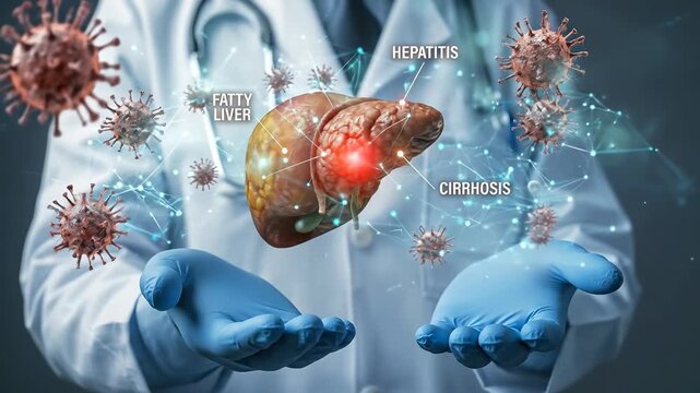 Medical professional presenting human liver, vital research on fatty liver disease, hepatitis, cirrhosis, viral infections, advanced healthcare technology, organ pathology, diagnostic solutions