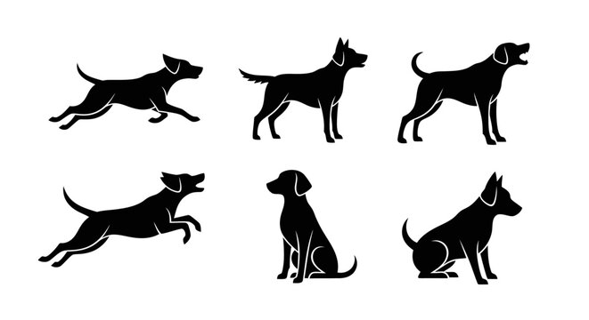 Set of Dog Silhouettes in Various Poses and Actions