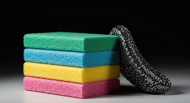 Brightly colored new scouring pads stacked neatly, waiting to be used for scrubbing and sanitizing domestic surfaces ,inventory ,daily ,routine