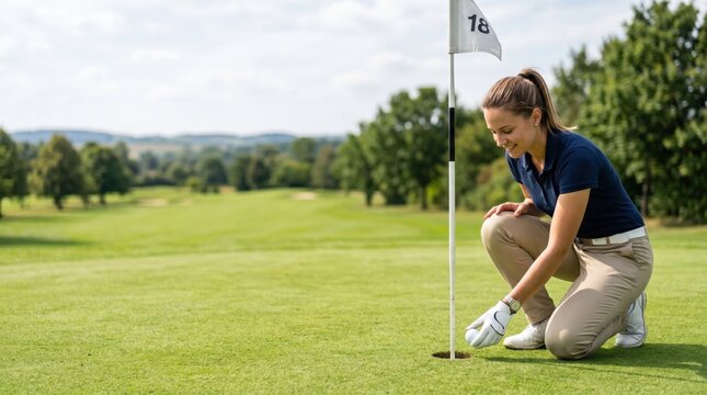 Happy young woman golfer kneeling on green to retrieve ball from 18th hole