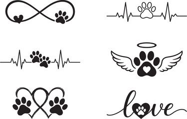 Pet love and remembrance icon collection with paw prints hearts and heartbeat symbols © PNG
