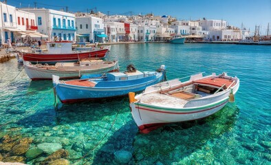 Obraz premium Coastal town with colorful buildings, boats in clear turquoise water, and a bright sunny sky