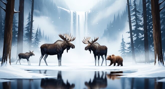 Majestic moose and bear in a winter wonderland forest scene
