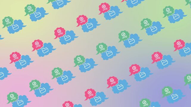 Seamless pattern of cloud storage notification with check and cross symbols in abstract horizontal background animation. Flat design cloud computing data report wallpaper with success and error sign.
