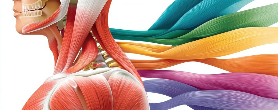 Anatomical illustration of spinal, neck and shoulder muscles with colorful flowing fibers