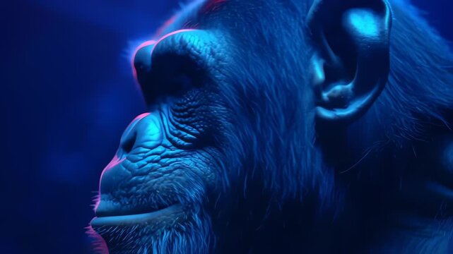 Chimpanzee Head Portrait in Blue Cinematic Lighting