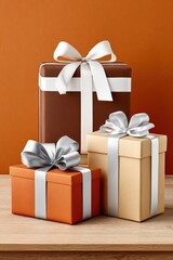 Fototapeta premium Three wrapped gift boxes with silver ribbons on orange background for celebration and holidays