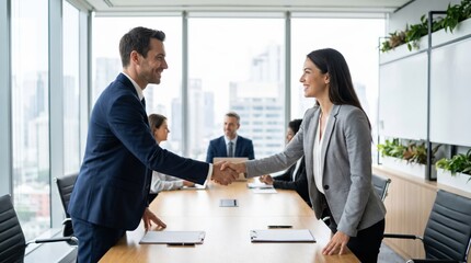 Fototapeta premium Caucasian Businessman and Woman Shaking Hands After Successful Merger Negotiation in Modern Office