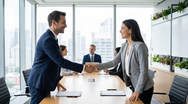 Caucasian Businessman and Woman Shaking Hands After Successful Merger Negotiation in Modern Office
