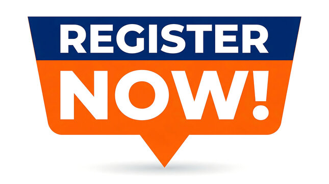Eye-catching blue and orange graphic banner with bold 'Register Now!' call to action.