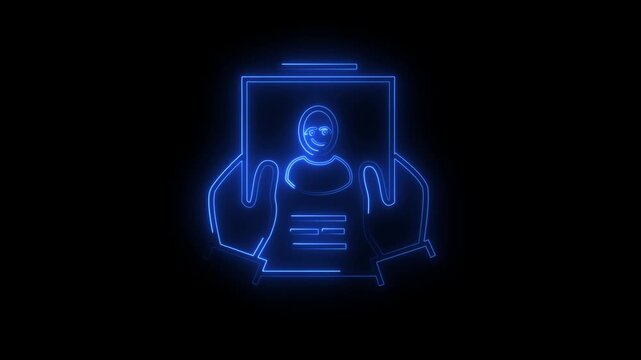 Hands holding a document showing a profile identification sign glow in blue against a dark background as a symbol for identity verification and personal data protection in the digital corporate world.