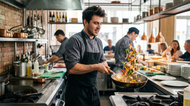 Professional chef cooking in an open restaurant kitchen tossing vegetables in a pan for menu banner and culinary background with busy service atmosphere
