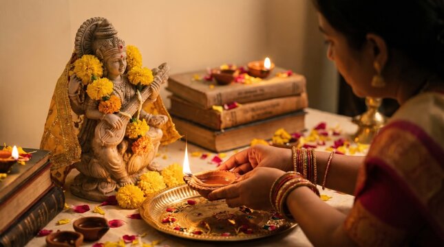 Indian woman performing Saraswati Puja ritual with books and diyas for Vasant Panchami festival
