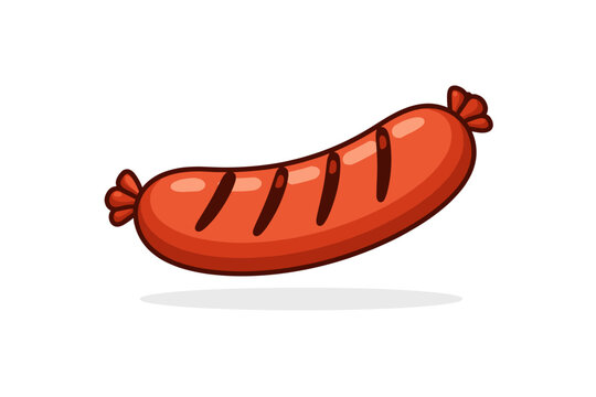 Grilled Sausage Cartoon Illustration with Dark Grill Marks Floating on a White Background, Simple Flat Vector Art of a Tasty Hot Dog or Bratwurst, Ideal for Food Advertising, Menus, and BBQ Designs.
