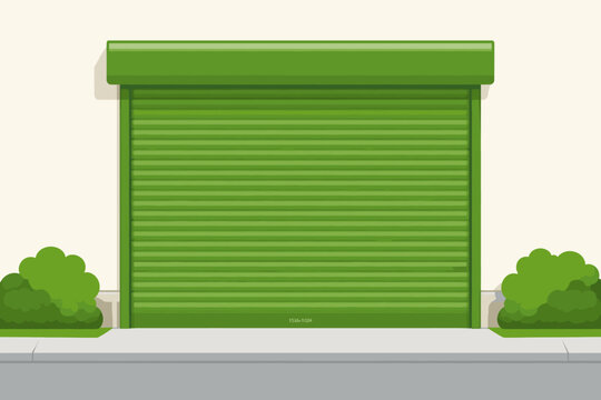 Green Roller Shutter Door for Garage or Shopfront Security, Flat Vector Illustration of a Metal Rolling Gate Protecting a Building Entrance with Green Bushes and Sidewalk, Commercial Storage Unit.
