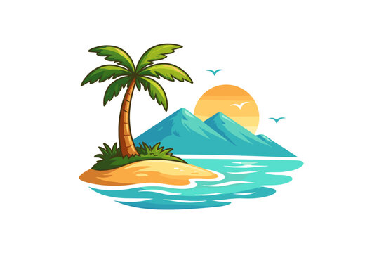 Tropical Island Logo Vector Illustration with Palm Tree on Sandy Beach, Blue Ocean Waves, Majestic Mountains, and Golden Sunset, Perfect for Summer Vacation and Travel Agency Branding Design.