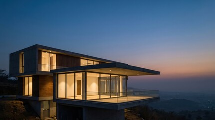 Fototapeta premium Luxury brutalist architecture hillside home with cantilevered terrace and warm lighting