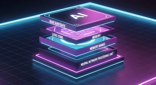 3d render of a layered ai processor chip architecture with labeled components