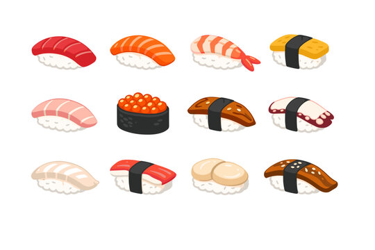 Sushi Nigiri Icons Set of Traditional Japanese Food Symbols. Flat and Hand-Drawn Vector Illustration of Tuna, Salmon, Shrimp, Eel, Octopus, Salmon Roe, Scallop, and Egg Tamago Sushi on White.
