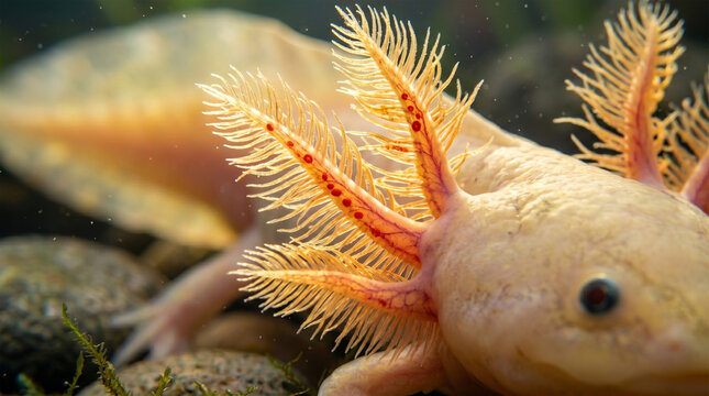 An extreme macro photograph focusing on the three pairs of external gills (rami) of a Golden Albino Axolotl. The shot highlights the intricate, branch-like filaments (fimbriae) that look like glowing 