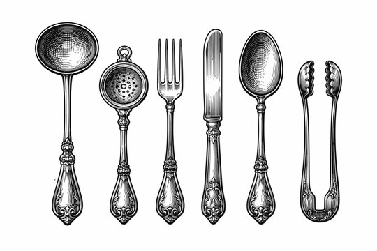 Vintage Silverware Collection in Monochrome Woodcut Style Featuring Ladle, Tea Strainer, Fork, Knife, Spoon, and Tongs; Ornate Antique Cutlery Set Isolated on White Background Vector Illustration
