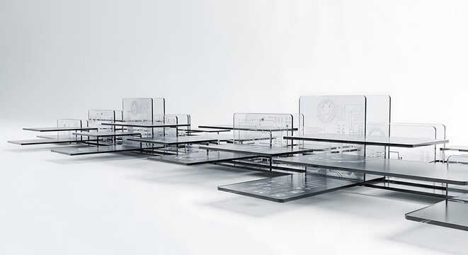 Glass and metal abstract sculpture with transparent rectangular blocks on a white background