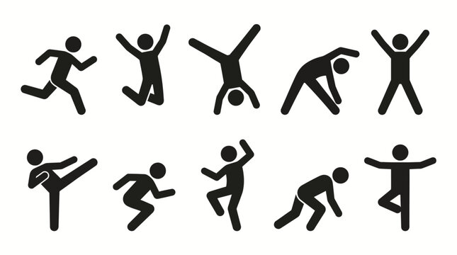 Set of stick figure icons depicting various human physical activities
