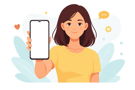 Young woman avatar holding a smartphone with a blank white screen for mockup. Flat design vector illustration of a female character showing a mobile phone display for app or web presentation.