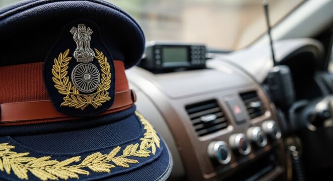 Indian Police Service IPS officer uniform cap on patrol car dashboard with wireless radio equipment
