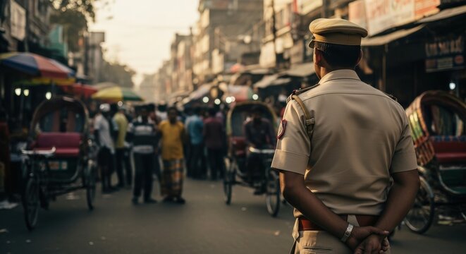 Indian Male Police Officer Monitoring Public Safety in a Busy Urban Market Street