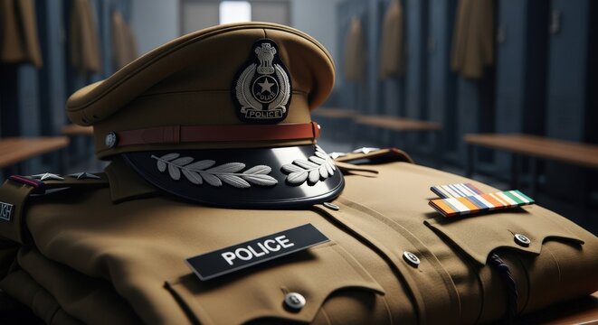 Indian Police Officer Khaki Uniform with Peak Cap and Medals for IPS Career Concept