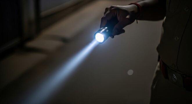 Security Guard Patrolling Dark Building Corridor with Flashlight During Night Shift