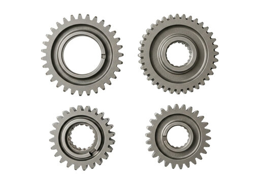 Four different views of compound mechanical gears with varying teeth configurations