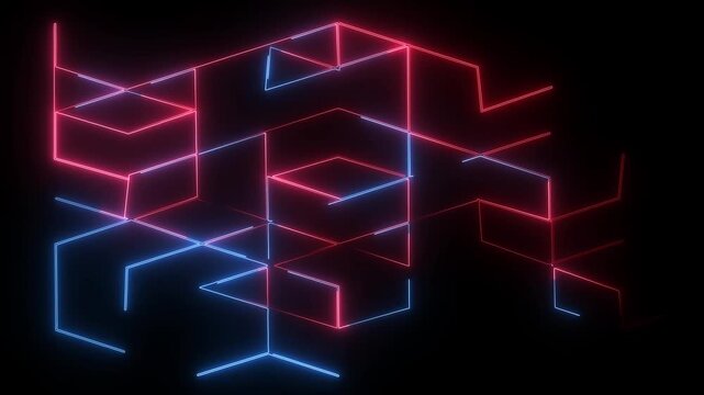 Grid lines glowing in blue and red neon colors form an interconnected structural web against a black void to symbolize a complex digital network or a sophisticated cyber security data architecture.