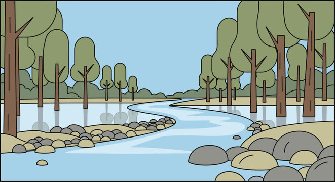 Cartoon river landscape with trees and rocks under a clear sky background