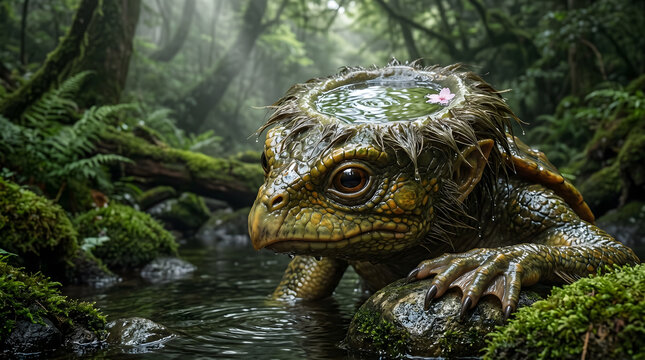 A green lizard with moss on its head sits by a stream
