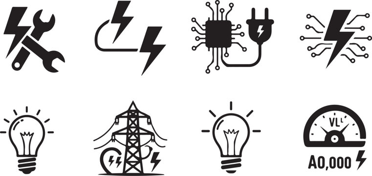 Electricity and tools icons in black and white
