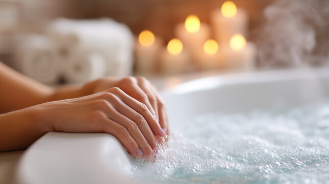 Close-up of hands on the rim of a bath filled with steam during a self-care relaxation routine, the hands resting and the steam showing wisps above warm water, warm bathroom ambien